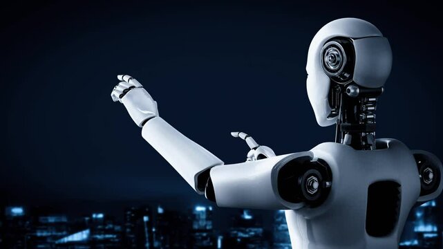 AI hominoid robot touching hologram screen shows concept of global communication network using artificial intelligence thinking by machine learning process. 3D rendering computer graphic.