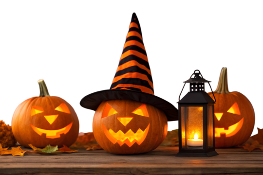 Spooky Halloween Jack-o'-lanterns and Witch Hat on Rustic Wooden Table