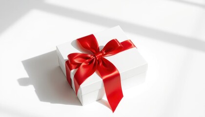 Elegant Gift Presentation: White Box with Red Satin Ribbon, Light and Shadow