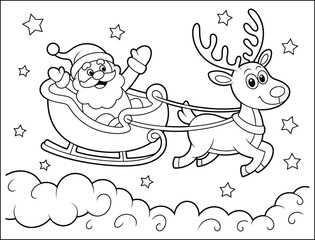 Naklejka premium Santa Claus in sleigh with reindeer coloring page for kids