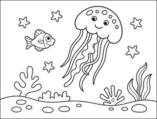Fototapeta premium Cute Undersea Scene with Jellyfish Fish Starfish and Seaweed Coloring Page