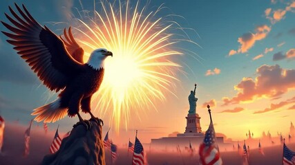 American Pride: Majestic Eagle, Fireworks, Statue of Liberty and US Flags celebration - Powered by Adobe