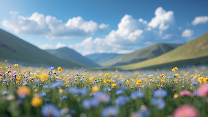 Fototapeta premium Blooming Wildflower Meadow in Green Valley Under Cloudy Blue Sky