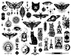 Mystical Black and White Elements Vector Pack: An enchanting arrangement of celestial elements, including eyes, moons, cats, and butterflies, offering a blend of mystery and elegance.