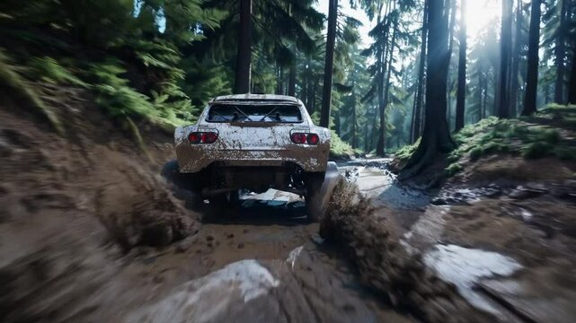 White buggy speeding on muddy road in forest