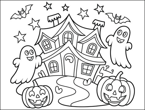 Halloween Coloring Page with Haunted House Ghosts Pumpkins Bats and Stars