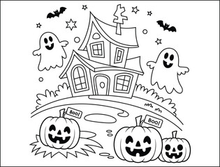 Halloween Coloring Page with Haunted House Pumpkins Ghosts Bats and Stars