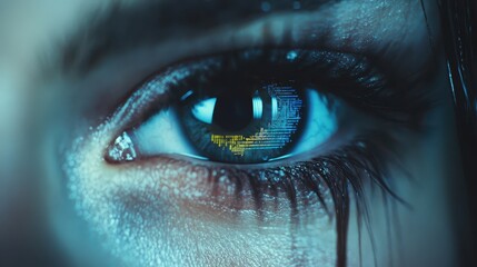 Fototapeta premium Holographic eye with futuristic elements and data visualization on a grey background