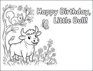Happy Birthday Little Bull Coloring Page with Animals and Nature