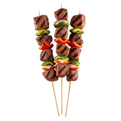 Grilled meat and vegetable skewers, isolated on transparent background