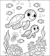 Cute Sea Turtles and Fish Coloring Page for Kids Activity Book