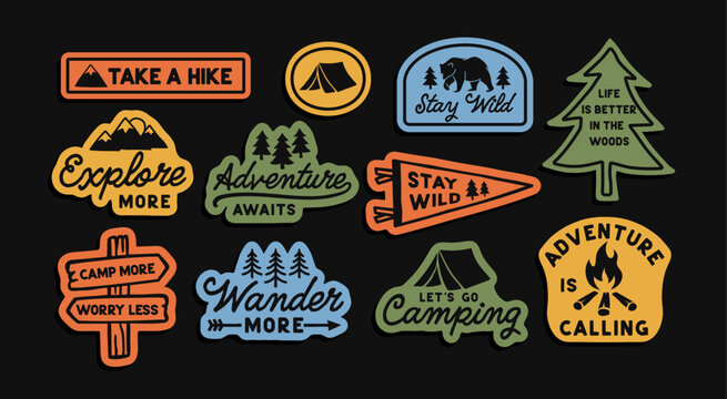 Outdoor adventure badge set featuring camping quotes and forest illustrations. Perfect for t-shirt designs, stickers, travel gear, or hiking-themed merchandise.