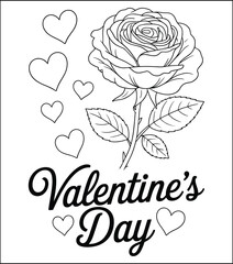 Valentine s Day coloring page with rose flower and hearts illustration