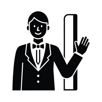 recommend clip art: Hotel bellhop welcomes guests with a smile