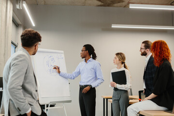 Diverse team collaborating in modern office meeting