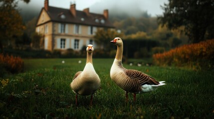 Obraz premium Geese Beside a Picturesque House in a Misty Garden During Early Morning Hours