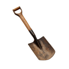 Old weathered shovel with wooden handle isolated on white or transparent background 