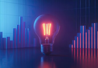 3D illustration of a glowing light bulb with a business graph and bar chart on a dark background