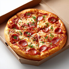 Pizza mit Salami und Käse in einem Lieferkarton, Draufsicht auf italienisches Fastfood