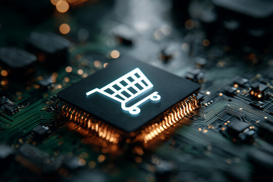 Close-up of shopping cart icon on circuit board, glowing brightly, symbolizing online shopping, digital commerce, and technological innovation in retail