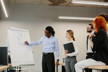 Businessman drawing pie chart on flip chart during presentation to colleagues
