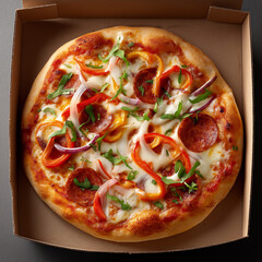 Pizza mit verschiedenen Belägen in einem Karton, Draufsicht auf italienisches Fastfood
