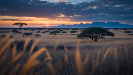 Obraz premium Savanna Landscape with Trees at Sunset and Mountain Range