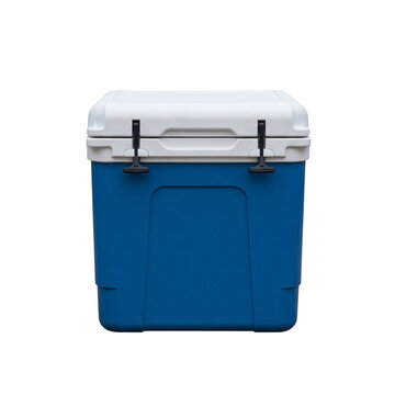 Blue portable cooler box with lid, isolated on transparent background