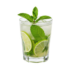 Glass of mojito with lime and mint, isolated on transparent background