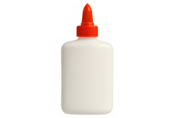White craft glue bottle with orange nozzle cap, standing isolated on transparent surface, ready for creative crafting needs