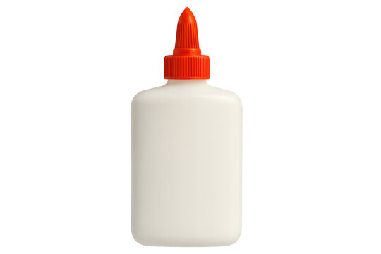 White craft glue bottle with orange nozzle cap, standing isolated on transparent surface, ready for creative crafting needs