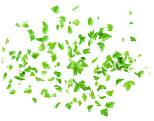 Chopped parsley leaves isolated on white background, top view. Sliced parsley leaves.