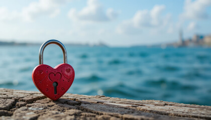 Red heart shape on a sandy beach, a romantic symbol of love and Valentine's Day celebration