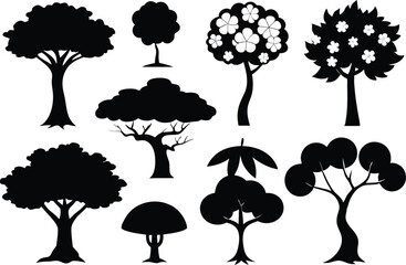 Fototapeta premium Collection of black silhouettes various tree types nature