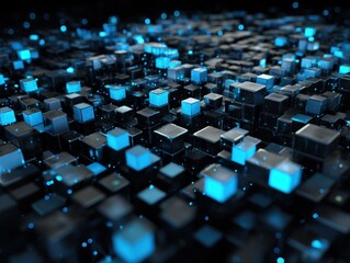 Fototapeta premium Abstract close-up of illuminated blue and black cubes creating a futuristic, geometric pattern. The cubes vary in size, creating a sense of depth and complexity, with glowing highlights