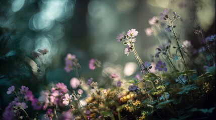Sunlight Filters Through Trees Illuminating Wildflowers in a Serene Forest Setting.