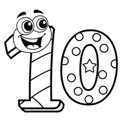 Obraz premium Adorable Cartoon Number Ten Black and White Coloring Page for Kids