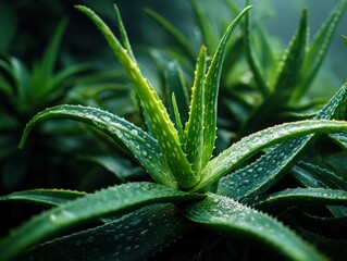 Close-up of vibrant green succulent leaves with sharp tips and textured surface, glistening with water droplets. The plant's lush appearance creates an impression of freshness and vitality