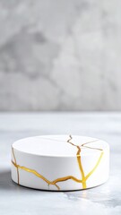 White Cylindrical Display Stand with Gold Veining