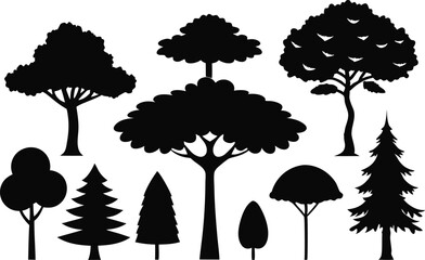 Collection of various tree silhouettes black and white