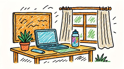 Fototapeta premium Cozy Home Office Illustration with Laptop, Plant, and Window View, Doodle Style