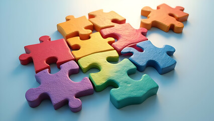 Obraz premium Colorful puzzle elements assembling multicultural team structure representing employee integration and organizational development for workplace transformation.