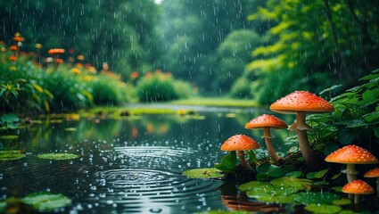 Mushrooms by Pond During Rainfall With Greenery and Orange Flowers