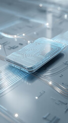 Sleek, rectangular device with glowing circuit lines rests on a metallic surface, conveying technological advancement and futuristic design, ideal for tech showcases