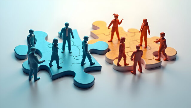 Diverse puzzle parts connecting to form collaborative employees illustrating organizational growth and department cooperation for business excellence.