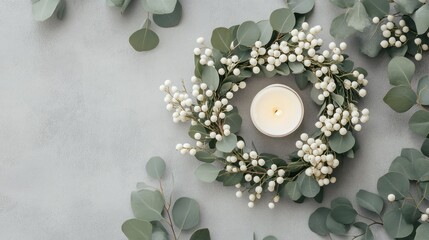 A delicate white candle sits at the center of a greenery wreath.  Surrounding it are sprigs of eucalyptus and small, white berries.  Flat lay on a light gray background