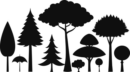 Collection of black silhouettes various trees forest nature
