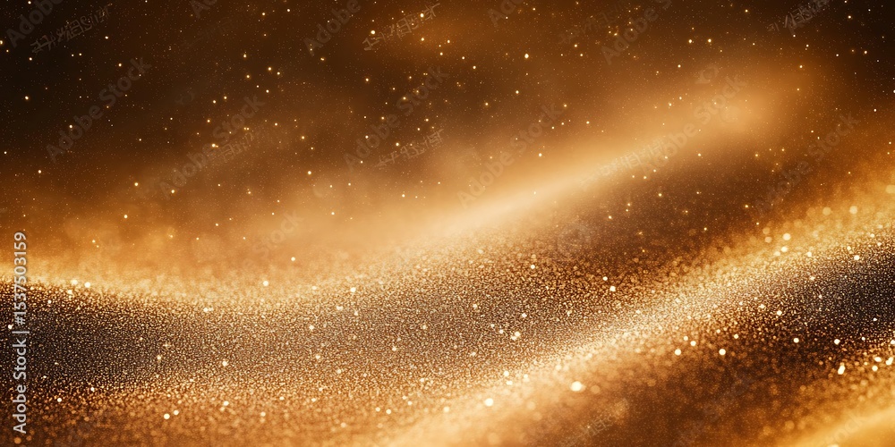Poster gold color digital particles wave flow or diffuse by the wind of the sand. abstract technology backg