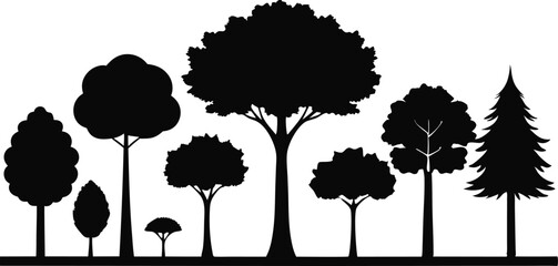 Silhouettes of various trees in a row nature forest woods © Silhouette stock