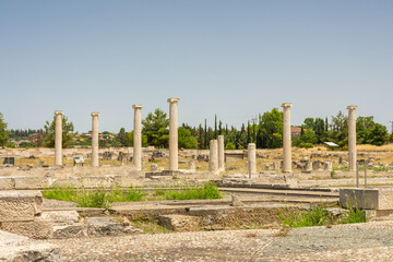 Ancient greek columns in Pella, archaeological site in Macedonia,  birthplace of Alexander the Great, Greece